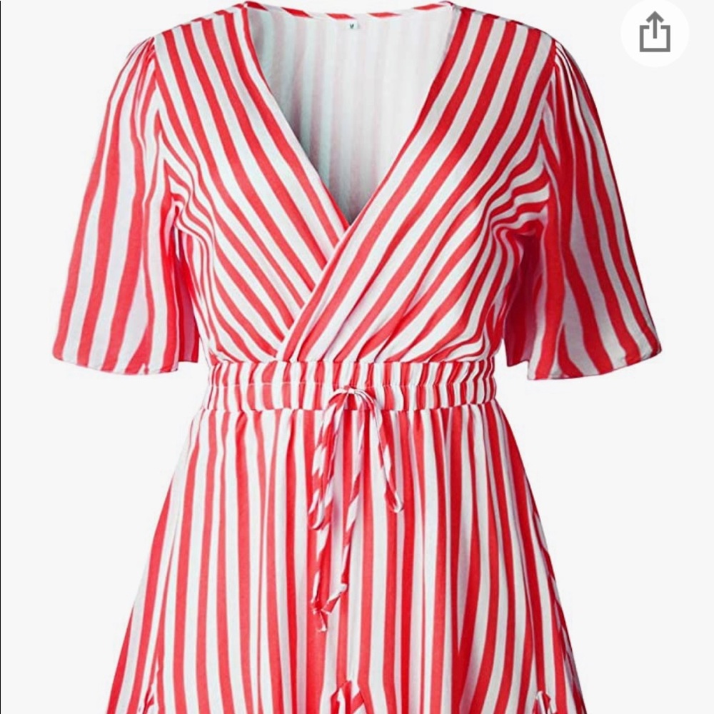 Deep Plunge Red striped Wrap Ruffle Hem Pleated Dress - Picture 2 of 3